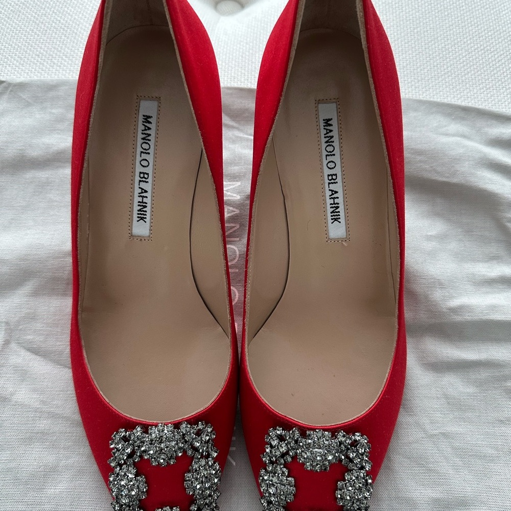 Manolo Blahnik Hangisi Red Heels with Sparkling Buckle, worn once